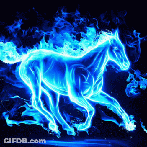 A Blue Horse Is Surrounded By Blue Flames On A Dark Background GIF