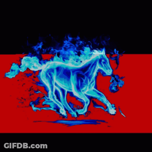 A Blue Horse With Flames Coming Out Of It 'S Back On A Red Background GIF