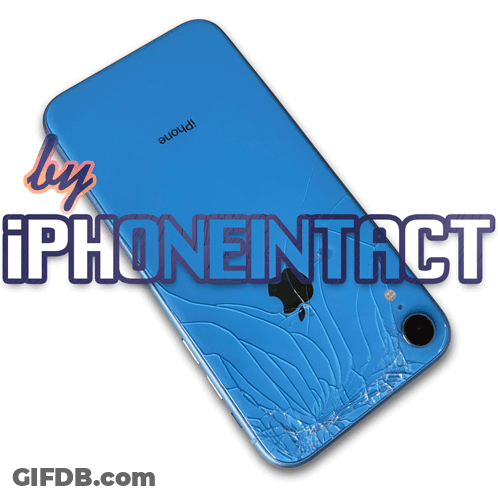 A Blue Iphone With A Cracked Screen And The Words Iphoneintact Written On It GIF