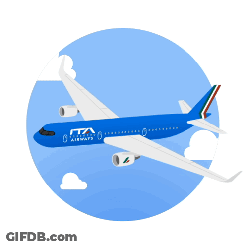 A Blue Ita Airways Airplane Is Flying Through The Air GIF
