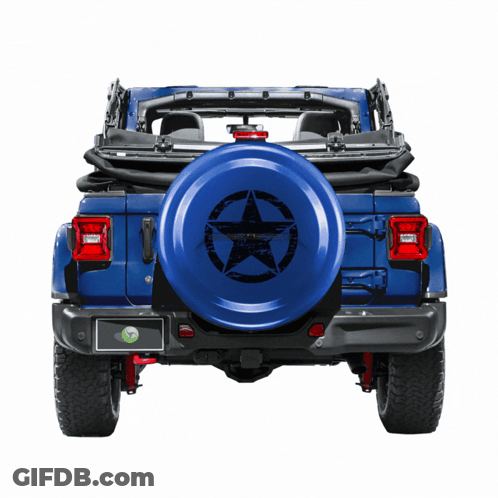 A Blue Jeep With A Black Star On The Tire GIF