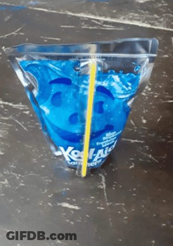 A Blue Kettle Corn Bag With A Yellow Straw In It GIF