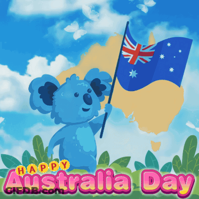 A Blue Koala Bear Is Holding A Flag In Front Of A Map And The Words Happy Australia Day GIF