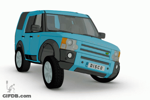 A Blue Land Rover With A License Plate That Reads Disco GIF