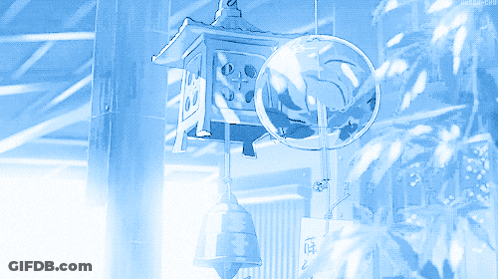 A Blue Lantern With A Bell Hanging From It And A Globe Hanging From It GIF