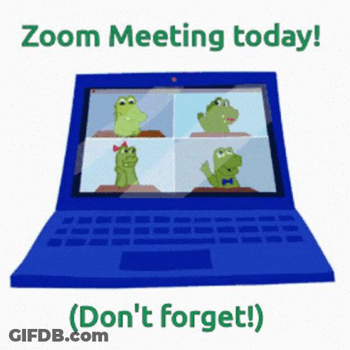 A Blue Laptop With Frogs On The Screen Says Zoom Meeting Today ( Don 'T Forget ) GIF
