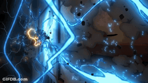 A Blue Lightning Bolt Strikes A Building With A Few Pieces Of Smoke Coming Out Of It GIF