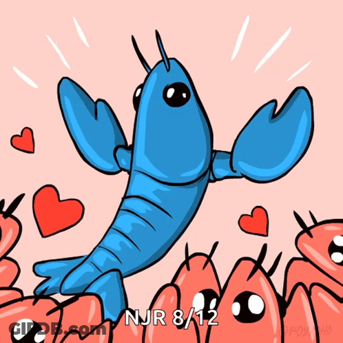 A Blue Lobster Is Surrounded By Red Hearts And Says Njr 8 12 On The Bottom GIF