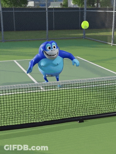 A Blue Monkey Playing Tennis On A Court GIF