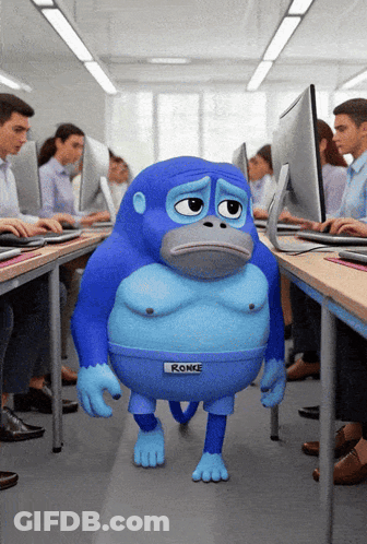 A Blue Monkey With The Name Ronke On His Shorts GIF