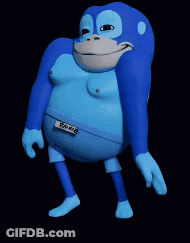 A Blue Monkey With The Word Rodie On The Bottom Of His Shorts GIF