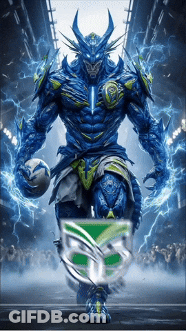 A Blue Monster Holding A Rugby Ball And A Green Shield GIF