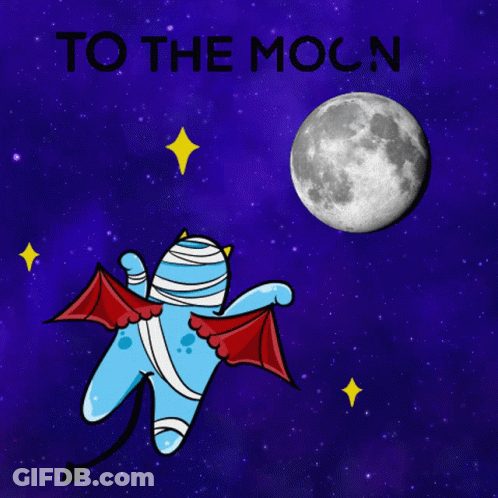 A Blue Monster With Red Wings Is Flying In The Night Sky With The Words To The Moon Below It GIF