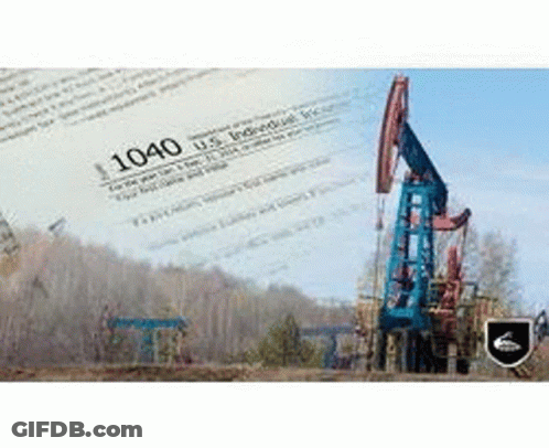 A Blue Oil Pump Is Sitting In Front Of A Tax Form 1040 . GIF