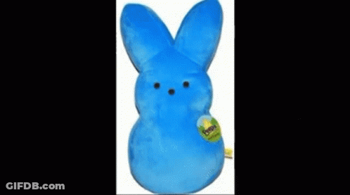 A Blue Peeps Bunny With A Mustache And A Sword GIF
