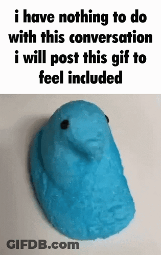 A Blue Peeps Marshmallow With A Face On It GIF