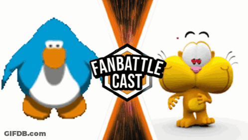 A Blue Penguin And A Yellow Cat Are Standing Next To Each Other In Front Of A Fan Battle Cast Logo GIF