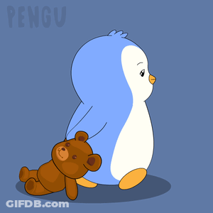 A Blue Penguin Holding A Brown Teddy Bear With The Word Pengu On The Bottom Right GIF