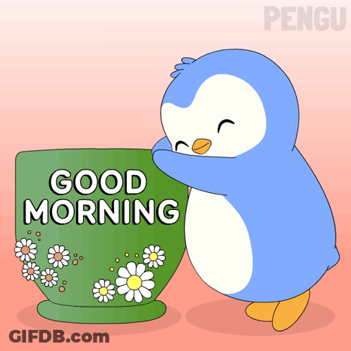 Blue Penguin Hugging Green Cup Saying Good Morning GIF