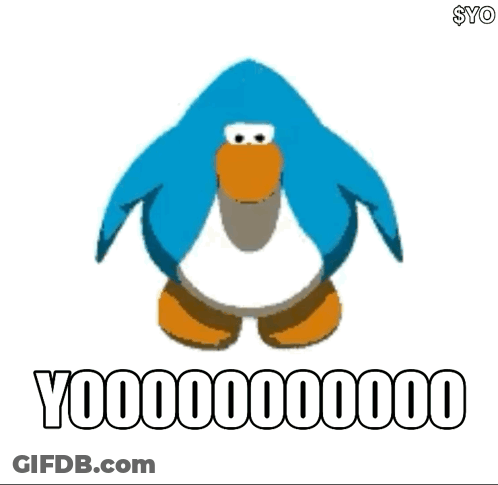 A Blue Penguin Is Dancing On A White Background With A Caption That Says Yoooooo . GIF