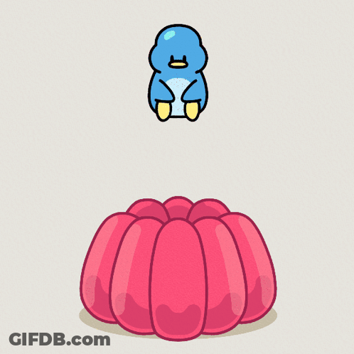 A Blue Penguin Is Flying Over A Pink Jelly GIF