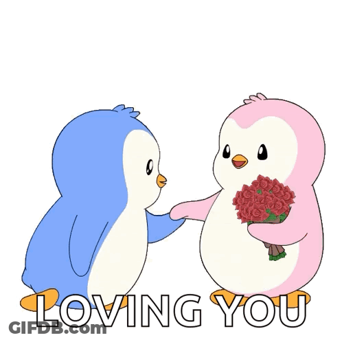 A Blue Penguin Is Giving A Pink Penguin A Bouquet Of Red Roses With The Words Loving You Behind Them GIF