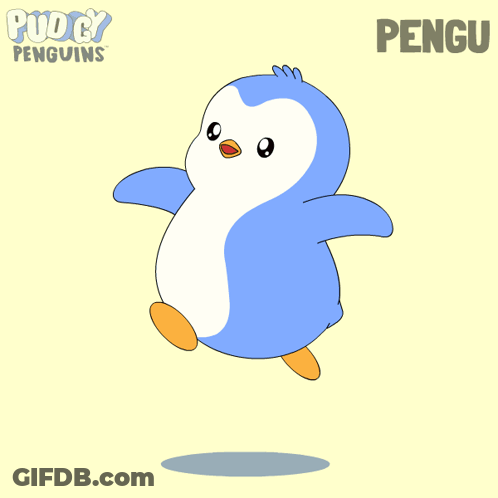 A Blue Penguin Is Jumping In The Air With The Word Pengu Behind It GIF