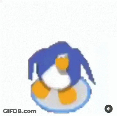 A Blue Penguin Is Riding A Surfboard On Top Of A Snowy Surface . GIF