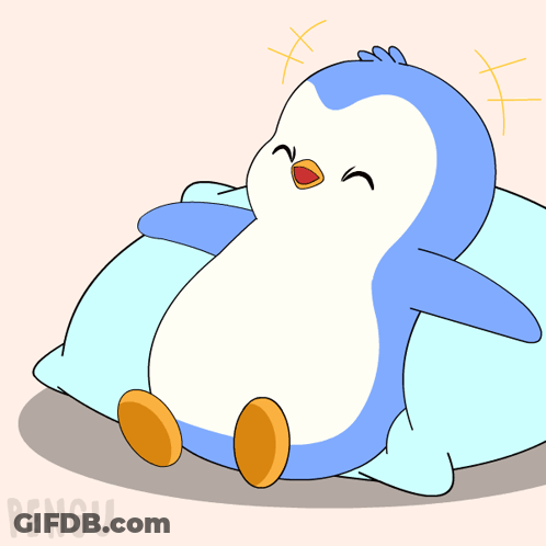A Blue Penguin Is Sitting On A Blue Pillow With The Word Pengu Written Below It GIF