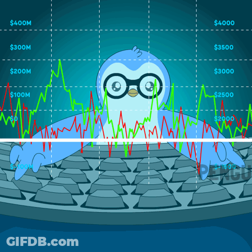 A Blue Penguin Is Sitting On A Keyboard With A Graph Behind Him That Says $ 400M GIF