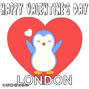 A Blue Penguin Is Standing In Front Of A Red Heart With The Words Happy Valentine 'S Day London Below It GIF