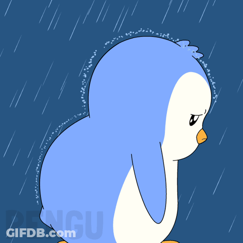 A Blue Penguin Is Standing In The Rain And The Word Pengu Is On The Bottom GIF