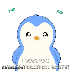 A Blue Penguin Is Surrounded By Words That Say `` I Love You Moreosterest Baby '' . GIF