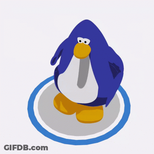 A Blue Penguin Standing On A Blue And White Circle GIF