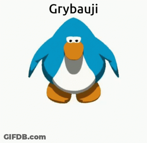 A Blue Penguin With An Orange Beak Is Dancing With The Word Grybauji Above It . GIF