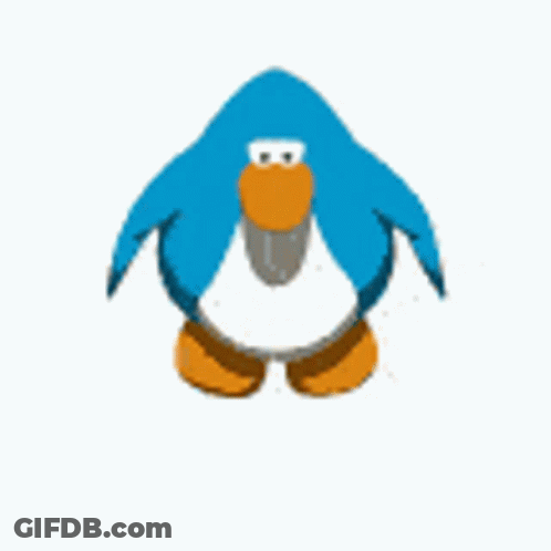 A Blue Penguin With An Orange Beak Is Standing On A White Surface . GIF