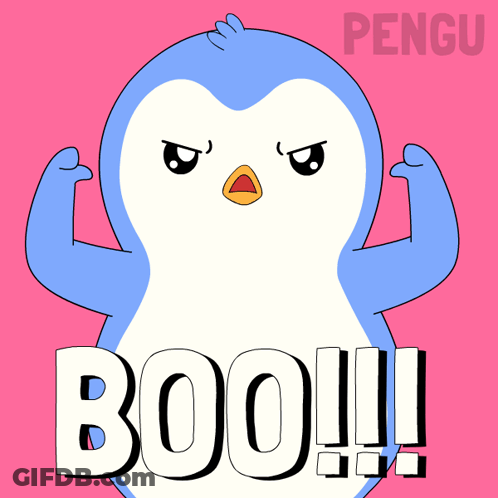A Blue Penguin With The Word Boo Written On It GIF