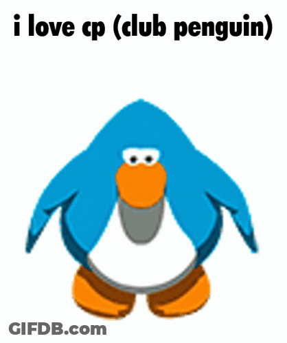 A Blue Penguin With The Words " I Love Cp ( Club Penguin ) " Behind It GIF
