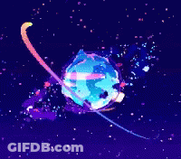 A Blue Planet With A Yellow Ring Around It In Outer Space GIF