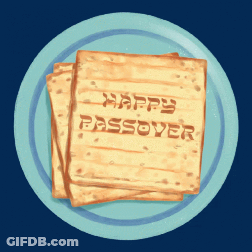 A Blue Plate With A Piece Of Matzo That Says Happy Passover On It GIF