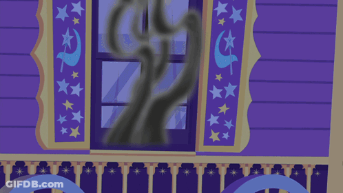 A Blue Pony Wearing A Hat With Stars On It Looks Out Of A Window GIF