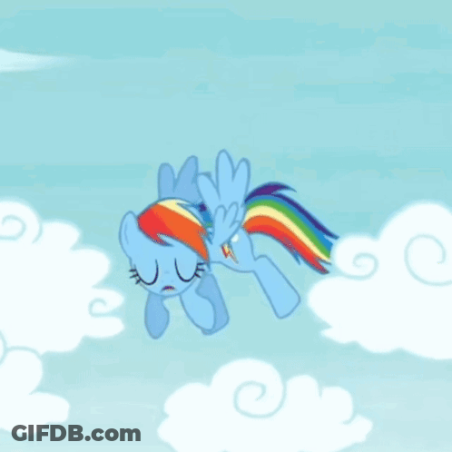 A Blue Pony With A Rainbow Mane And Tail Is Flying Through The Air GIF