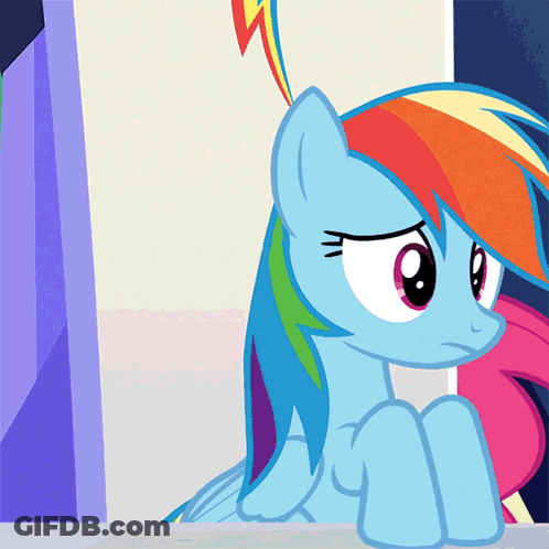 A Blue Pony With A Rainbow Mane And Tail Is Looking At The Camera GIF