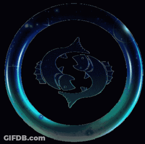 A Blue Ring With Two Fish Inside Of It On A Black Background GIF