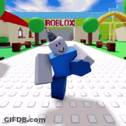 A Blue Roblox Character Is Dancing In Front Of A Green Roblox Sign GIF