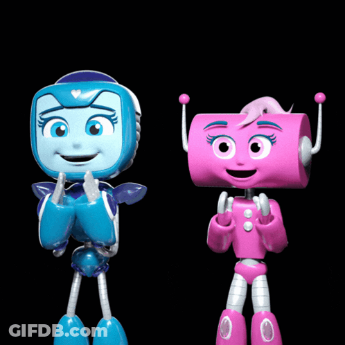A Blue Robot And A Pink Robot Standing Next To Each Other On A Black Background GIF
