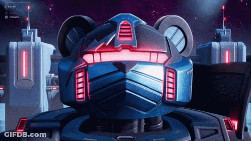 A Blue Robot With A Red Light On It 'S Face And The Words Party On The Bottom GIF