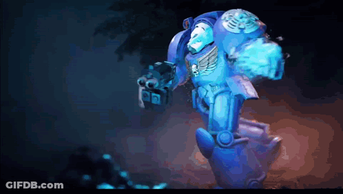 A Blue Robot With A Skull And Wings On It GIF