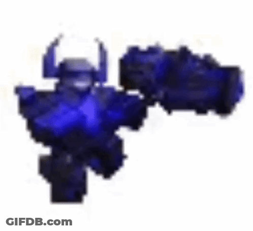 A Blue Robot With Horns Is Holding A Gun In A Video Game . GIF