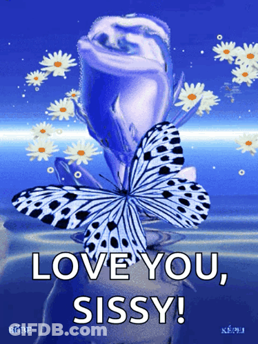 A Blue Rose With A Butterfly And The Words Love You Sissy On The Bottom GIF